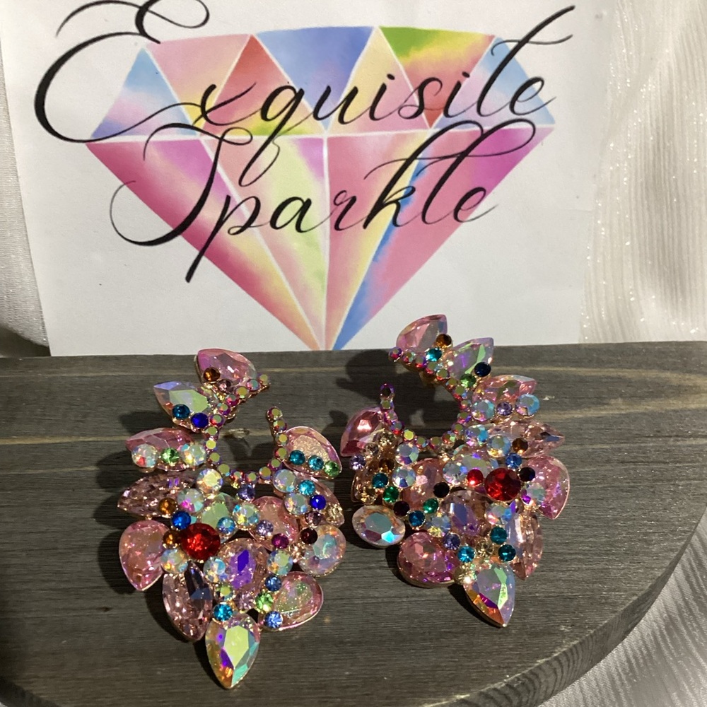 💋Pink Iridescent Crystal Rhinestone beaded Earrings